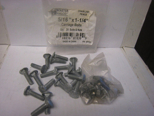 5/16" x 1-1/4" Carriage Bolt & nuts (20) for Chain Link Fence - 20 bolts 20 Nuts