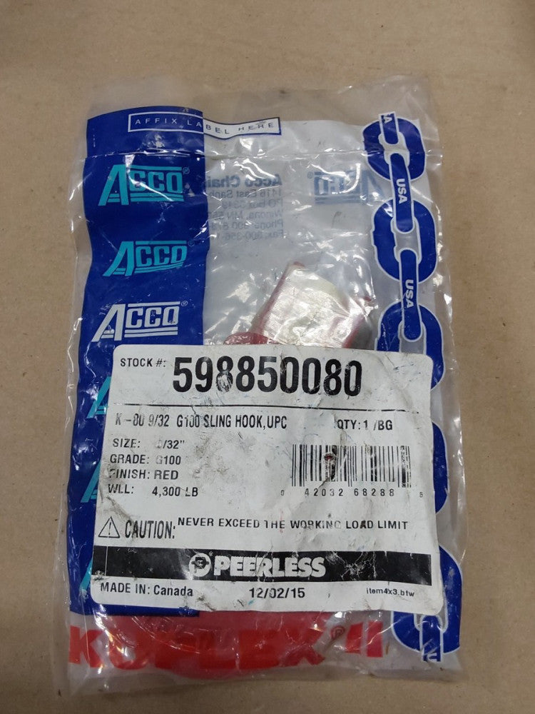 NEW ACCO KUBLEX K80 9/32" 7 MM SLING HOOK GRADE G100 598850080 4300LBS..B5