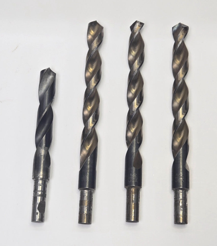 DRILL BIT 1/2" 2 FLUTES STEEL REDUCED SHANK 3-HSS-6" OAL 1-4-1/2" OAL *LOT OF 4*