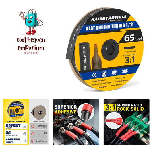 1/2in Black Adhesive Lined Heat Shrink Tubing - 65FT for DIY & Automotive