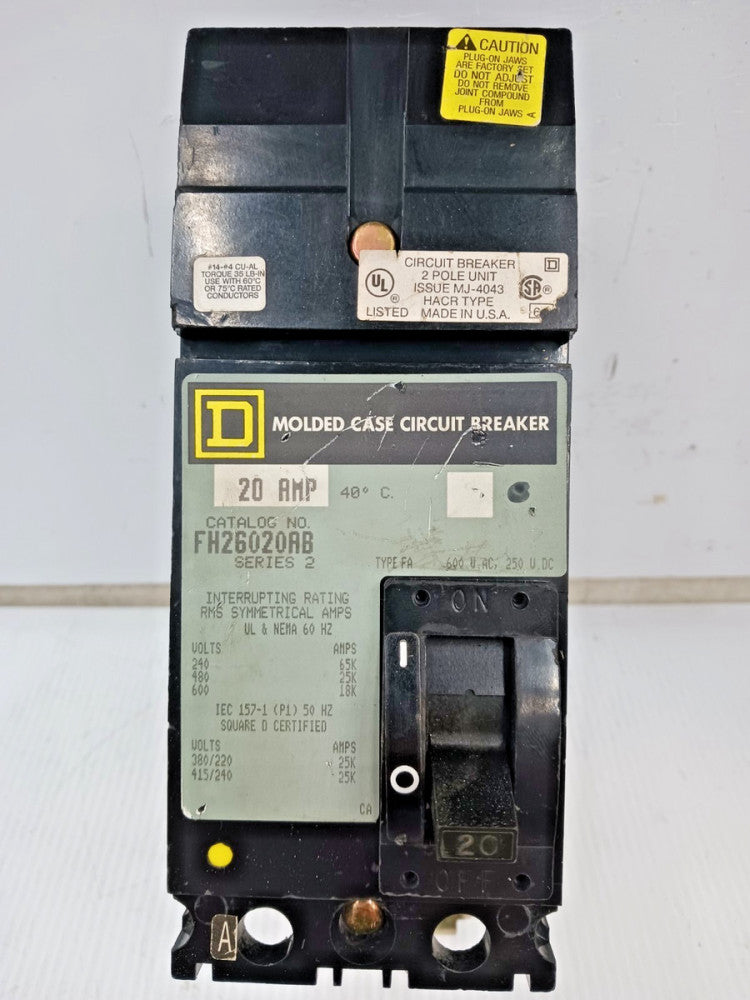 Square D 20 Amp I-Line Molded Case Circuit Breaker 2 Pole 600 VAC FH26020AB