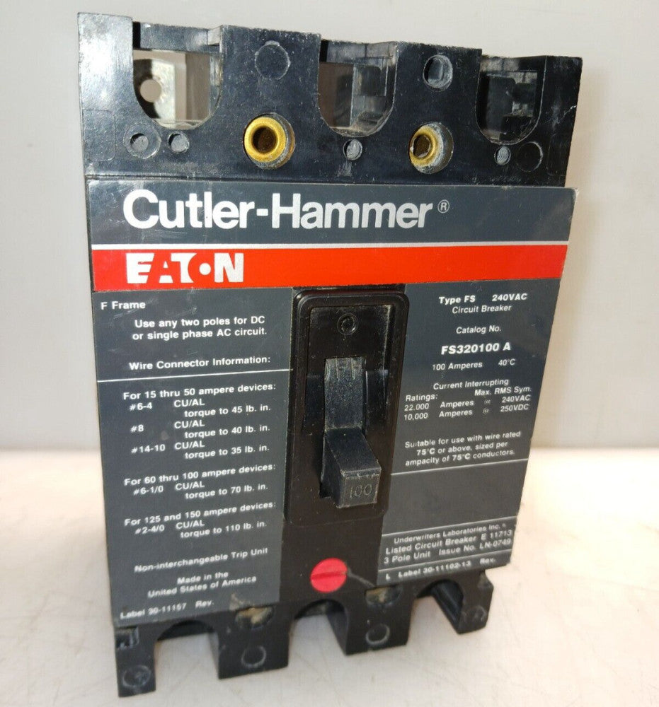EATON CUTLER HAMMER 100 AMP CIRCUIT BREAKER 3 POLE 240 VAC  FS320100A