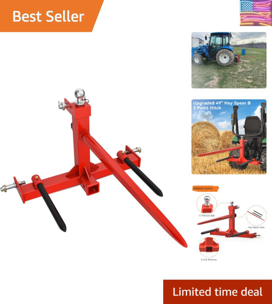 Heavy-Duty 49" Hay Spear for Tractors w/ Stabilizers - Safely Handles 3000lbs