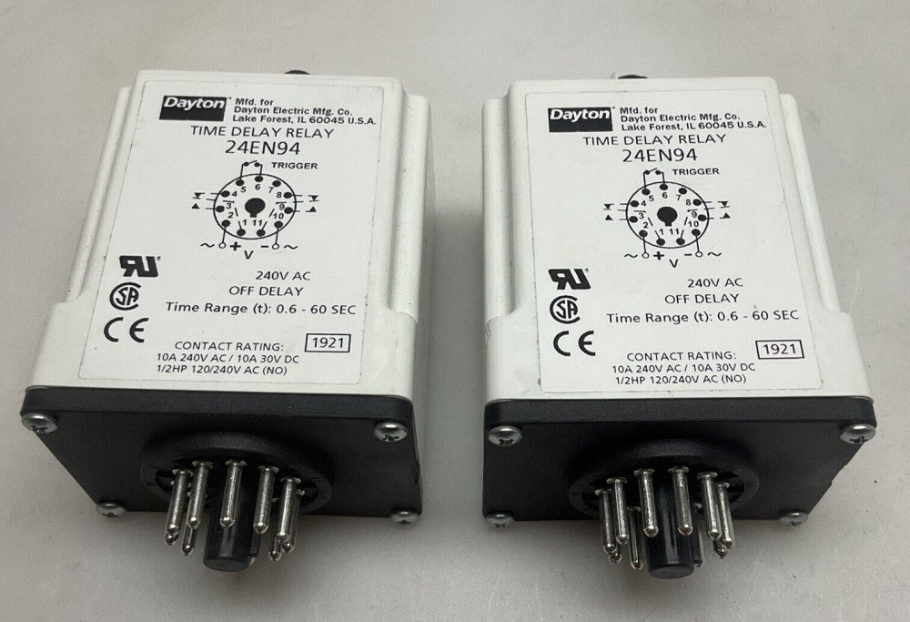 2 Pack Dayton 24EN94 Time Delay Relay .6-60 Second 10 Amp 120/240v 10 Amp