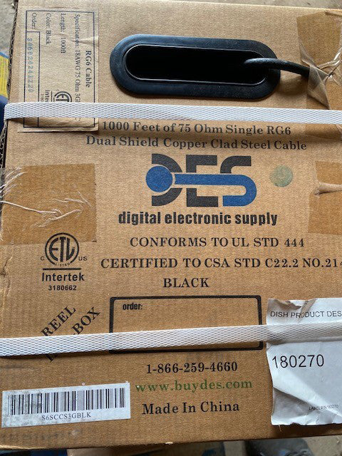 DES RG-6 Single Coax, CCS, Dish Approved, UL, 1000ft, Black, Satellite cable