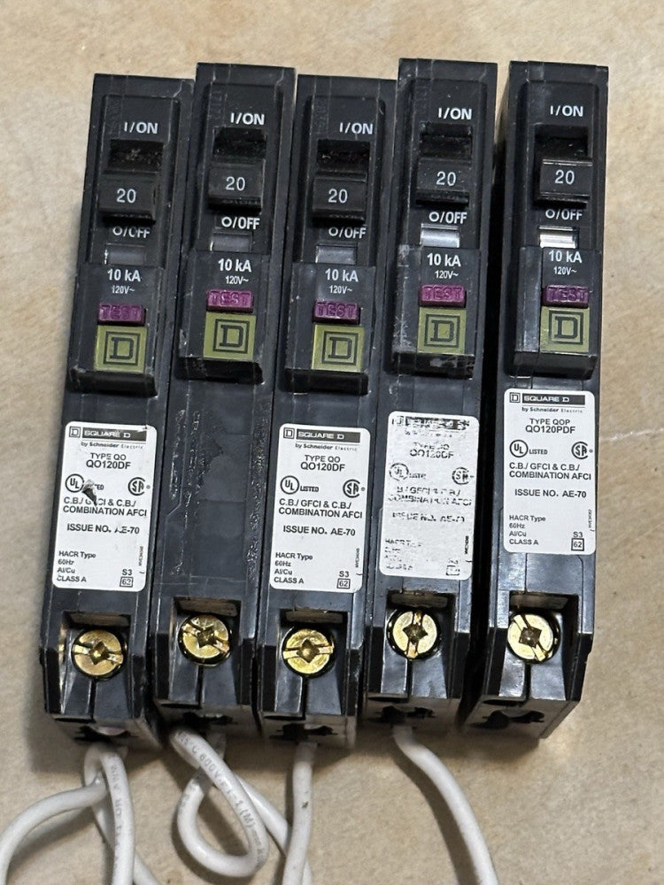 Lot Of 5 Square D QO120DF 1 Pole 20 Amp Dual Function Pigtail Breaker