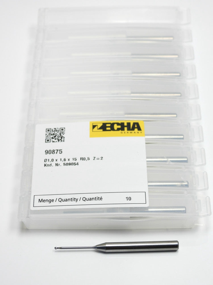10pcs ZECHA 90875 1.0 x 1.6 x 15 mm R0.5 Z=2 Micro Mill Bits