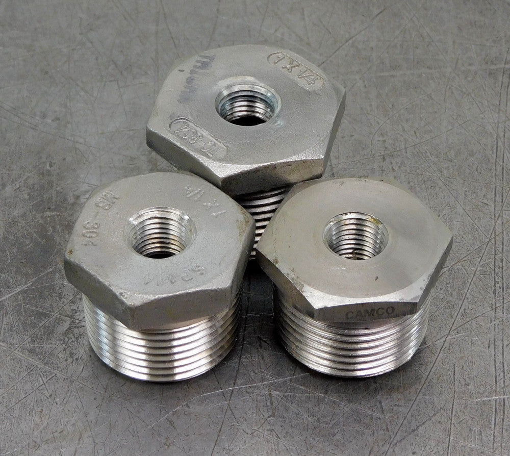 Lot of Three (3) 304 Stainless Steel SS Reducing Hex Bushing 1" x 1/4" NPT