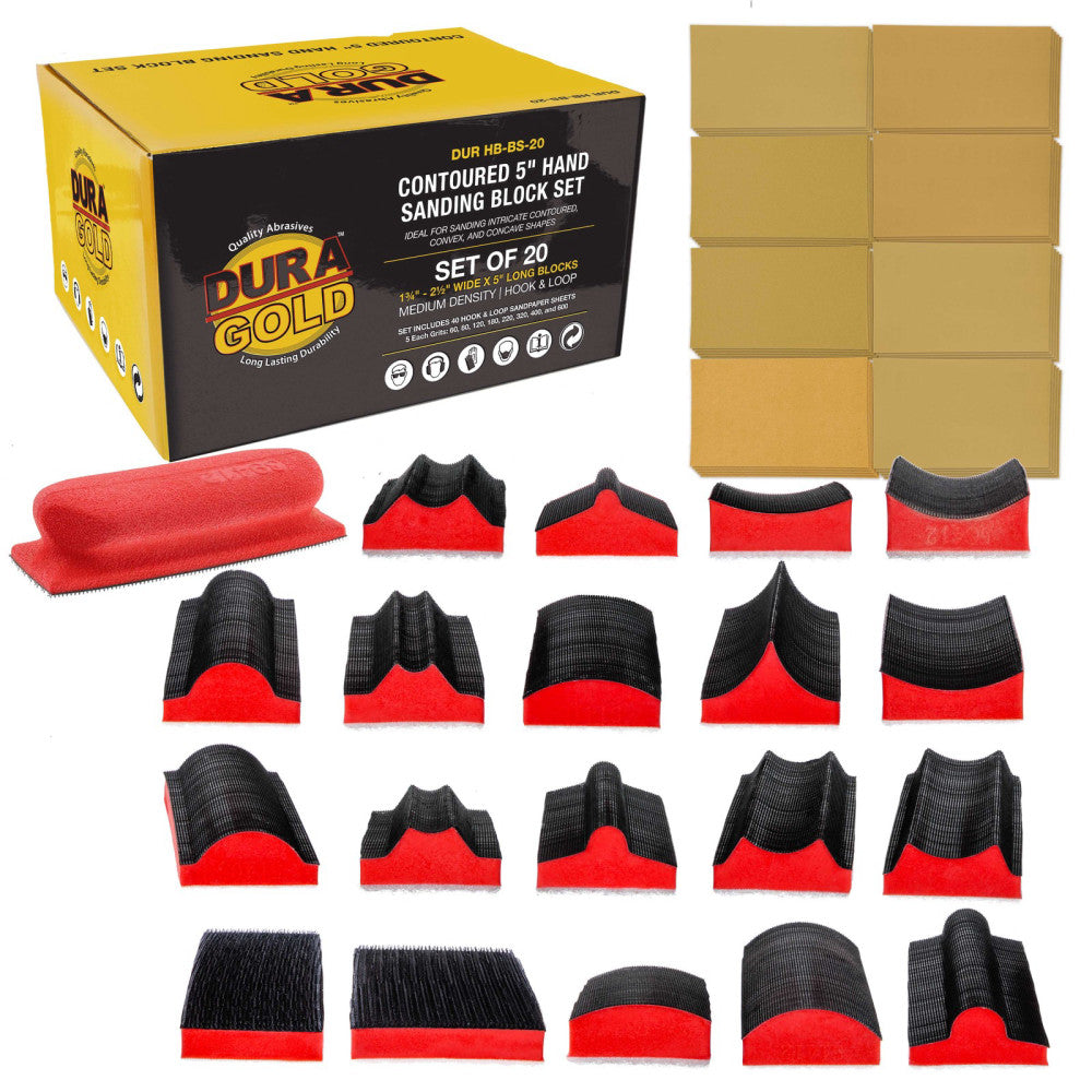 Dura-Gold 20-Piece Contoured 5" Hand Sanding Block Set, 40 Hook & Loop Sandpaper