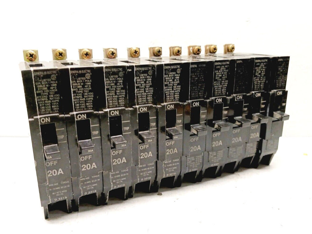 LOT 0F 10) GENERAL ELECTRIC TEY120 20 AMP BOLT-ON CIRCUIT BREAKER 1P 277 VAC