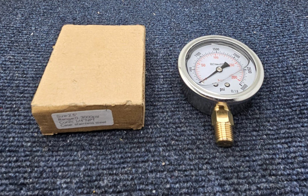 (QTY 2) 0-3000 PSI Liquid Filled Pressure Gauge 2.5” Stainless Steel 1/4" NPT