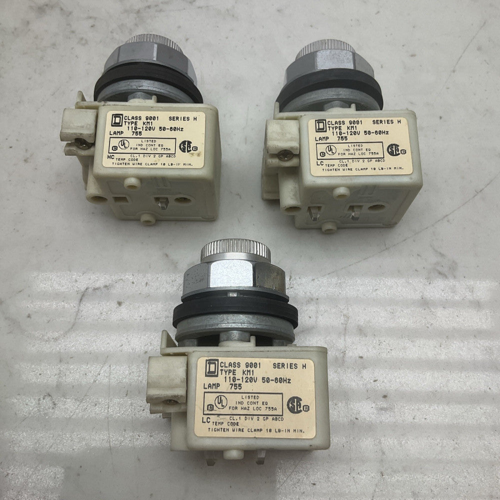 3 Pack Square D Pilot Light Class 9001 KM1 110-120v Series H *MISSING LENS COVER