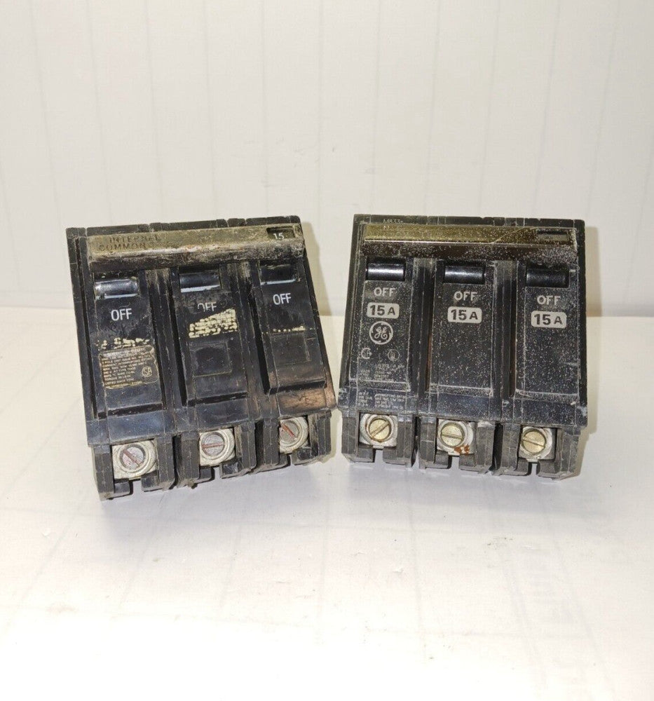2) GENERAL ELECTRIC 15 AMP BOLT ON CIRCUIT BREAKER 3 POLE  240 VAC  THQB315