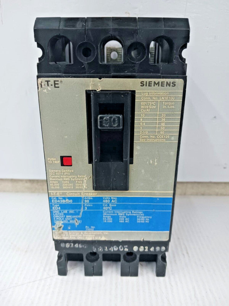 SIEMENS ITE 90 AMP CIRCUIT BREAKER 3 POLE 480 VAC ED43B090