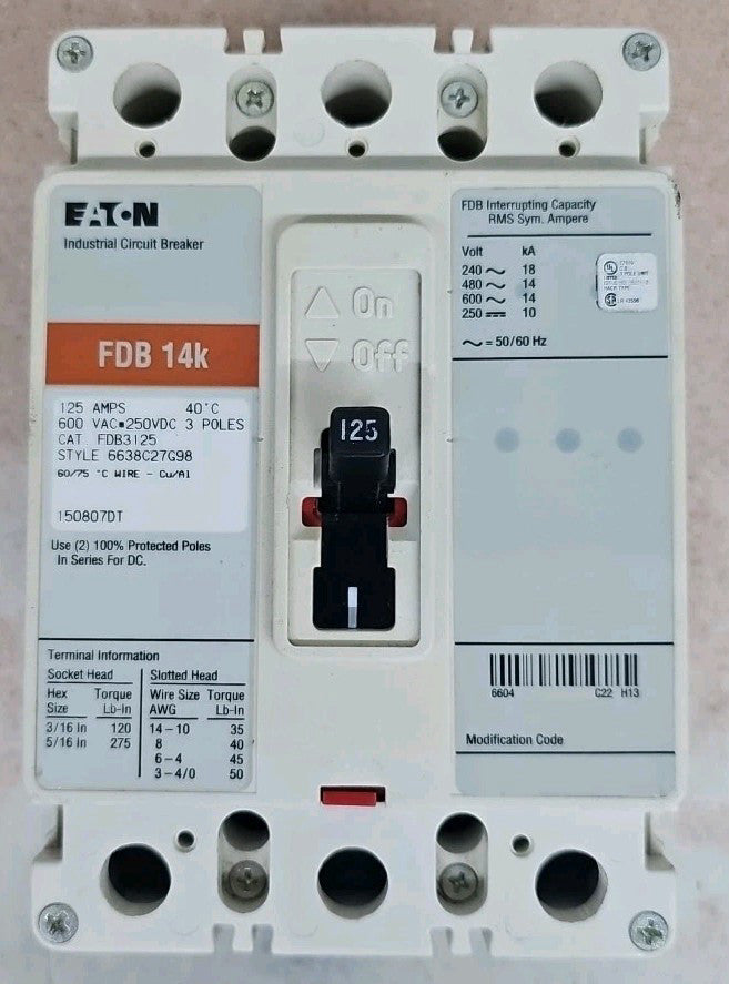 Eaton FDB3125 Circuit Breaker 125Amp 600V 3 Pole NTO