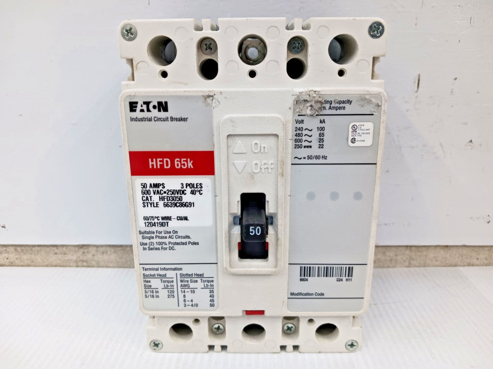 Eaton 50 Amp Circuit Breaker 3 Pole 600 VAC / 250 VDC 65kA HFD3050