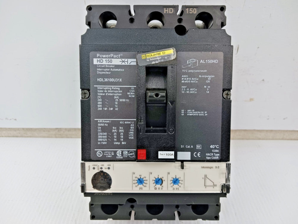 Square D PowerPact 100 Amp Circuit Breaker 3 Pole 600 VAC 18kA HDL36100U31X