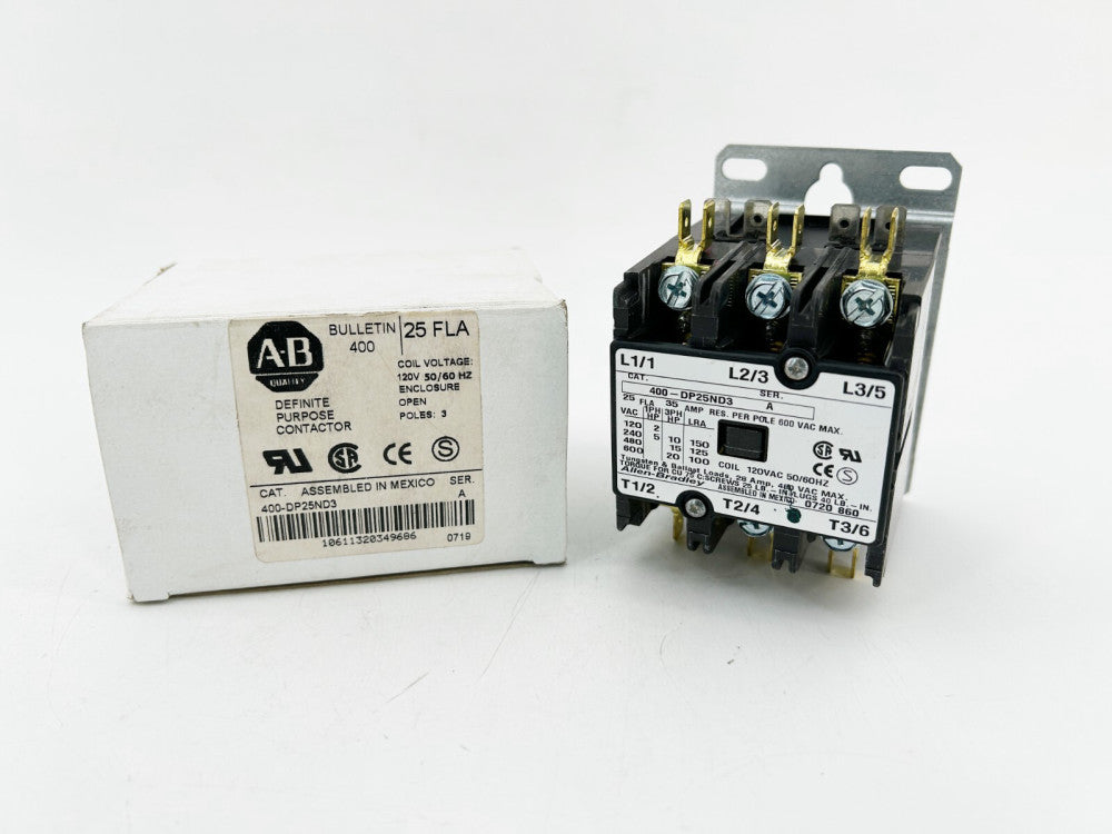 New Allen Bradley 400-DP25ND3 Definite Purpose Contactor 25A 3 Pole 120V 50/60