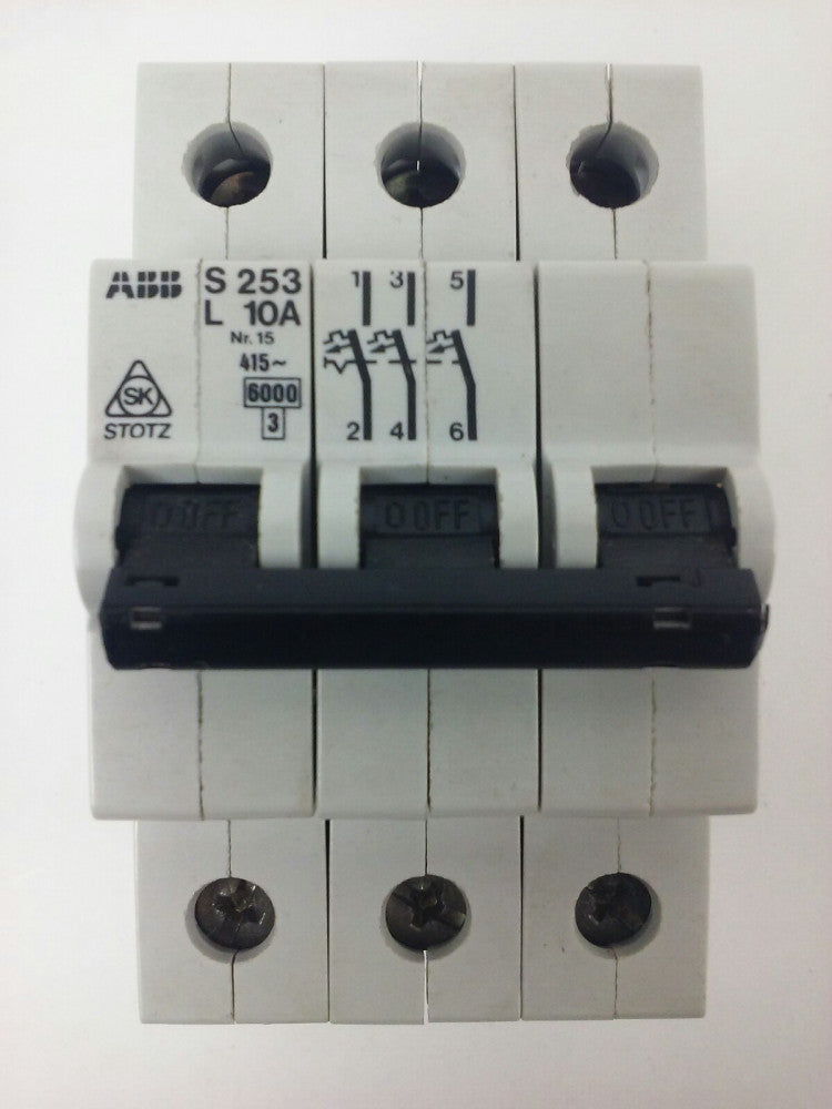 ABB, S253, L 10A, CIRCUIT BREAKER, Nr.15, 3P, 220/380VAC, MAX 240VAC, NEW, S2