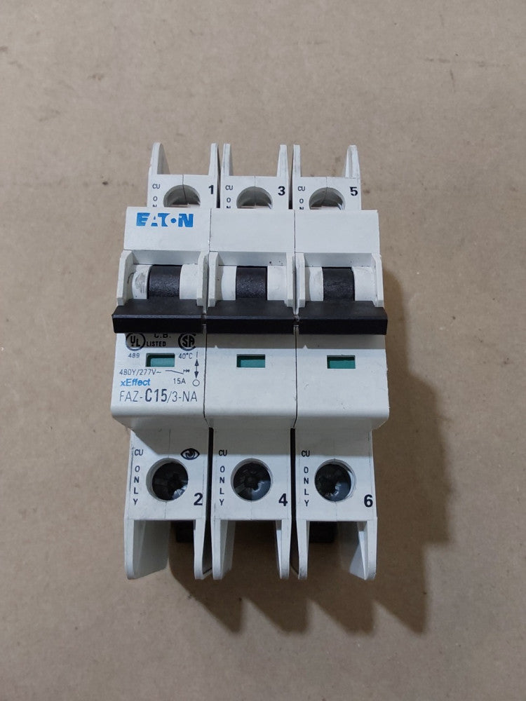 Eaton FAZ-C15/3-NA Miniature Circuit Breaker 15A 3P 480/277V Din Rail Mount Used