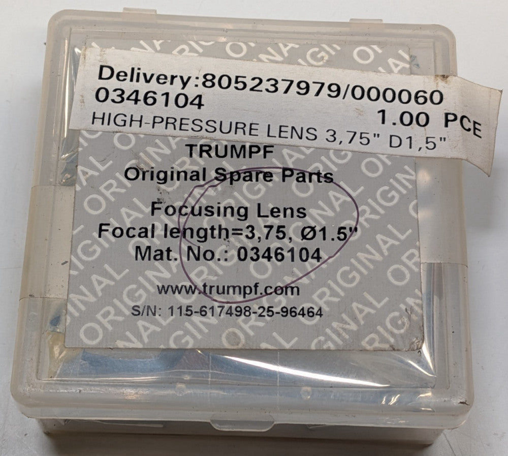 NEW TRUMPF 0346104 HIGH PRESSURE FOCUSING LENS - Focal Length 3.75'' -  D 1,5 "