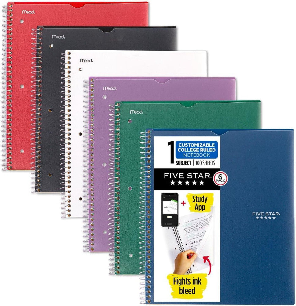 Five Star Spiral Notebook + 6 Pack, Red, Green, Blue, Purple, Black, White 