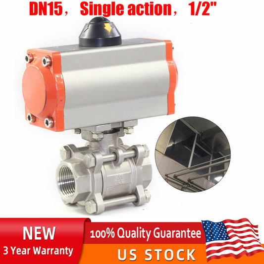 1/2" Pneumatic 3 Pieces Ball Valve,Air Actuated Stainless Single Acting