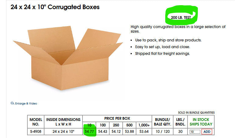 10-Pack 24” x 24” x 10" Corrugated Boxes 200 LB. TEST   Single Wall S-4908