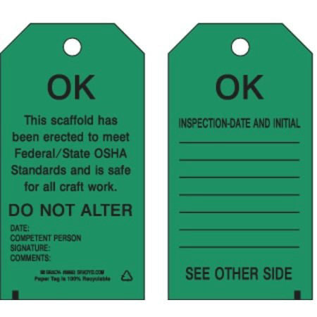 Brady 86682 Tag, Inspection, Paper, 5 3/4 In H X 3 In W, Black On Green,