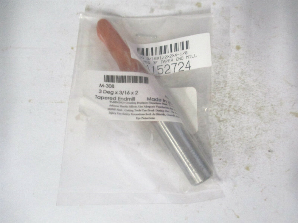 (M-308) 3/16" x 2" x 1/2" x 4-1/8" OAL HSS 3-Flute Tapered Square End Mill 