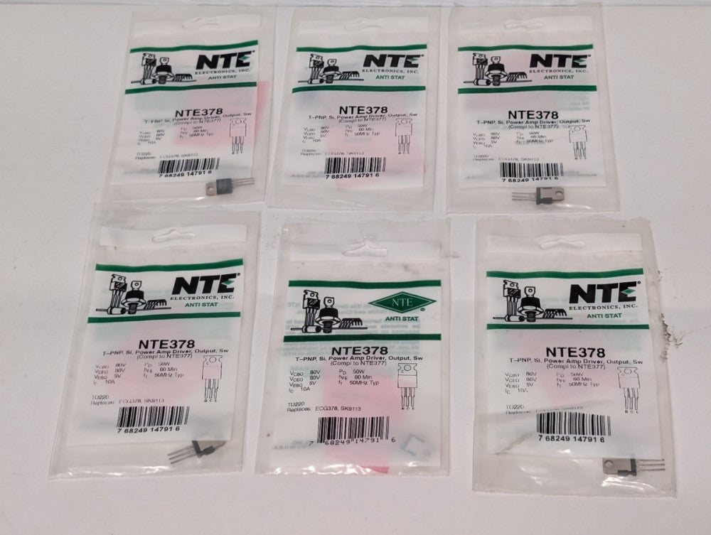 (6) NTE Electronics NTE378 T-PNP, Si, Power Amp Driver, Output, Sw, Anti-Stat