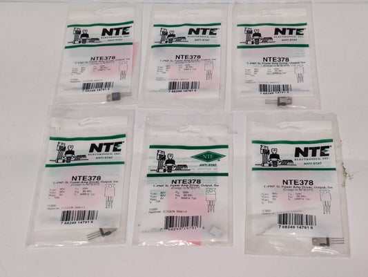 (6) NTE Electronics NTE378 T-PNP, Si, Power Amp Driver, Output, Sw, Anti-Stat