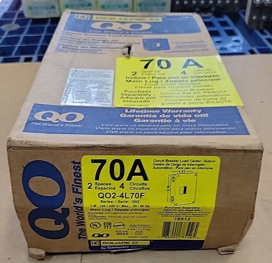 Square D QO2-4L70F 70-Amp 3-Wire MLO Series G2, 2-Spaces 4-Circuit Max - NEW
