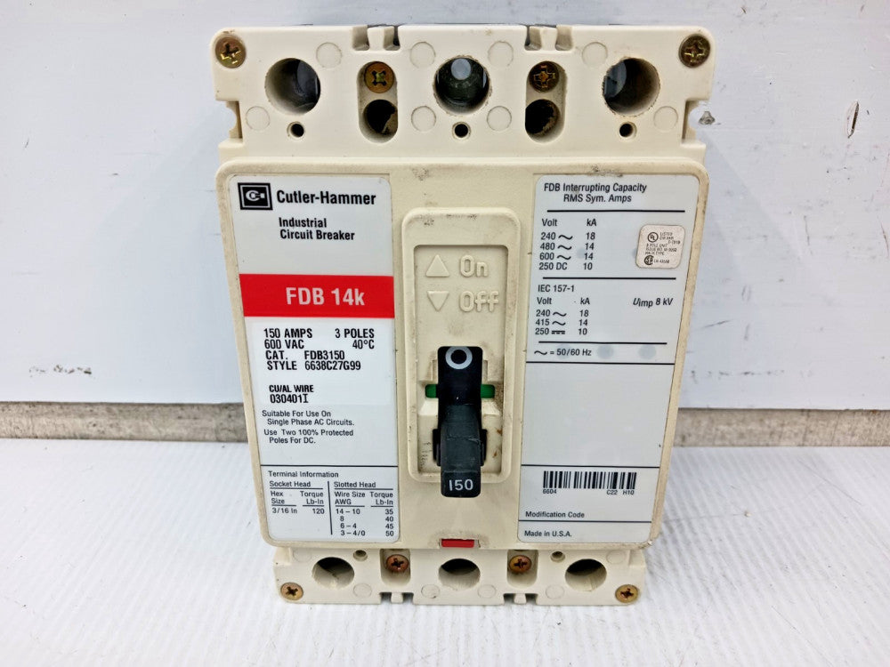 Cutler Hammer 150 Amp Circuit Breaker 3 Pole 600 VAC / 250 VDC 14kA FDB3150