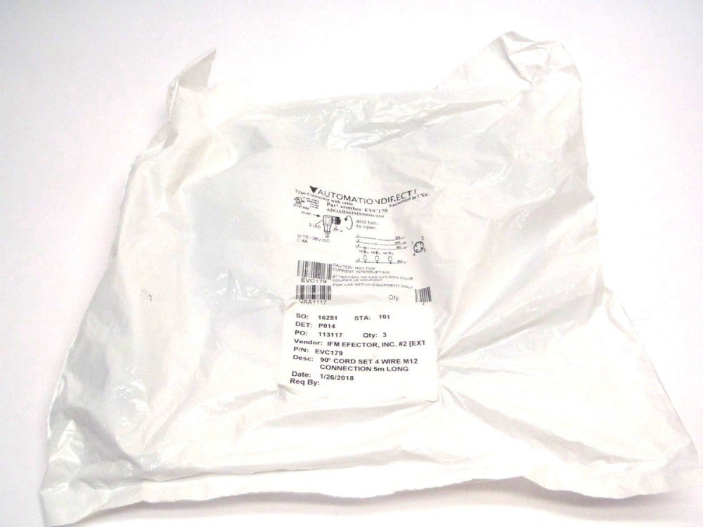 IFM EVC179 90° Angled PLC Cordset M12 Connector 5m 10-36VDC 4A