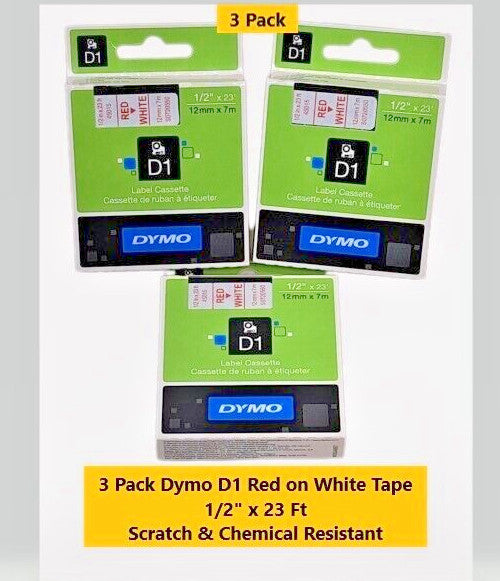 3 Pack New OEM DYMO D1 45015 Red on White Label Tape 0.5"  X  23 Feet