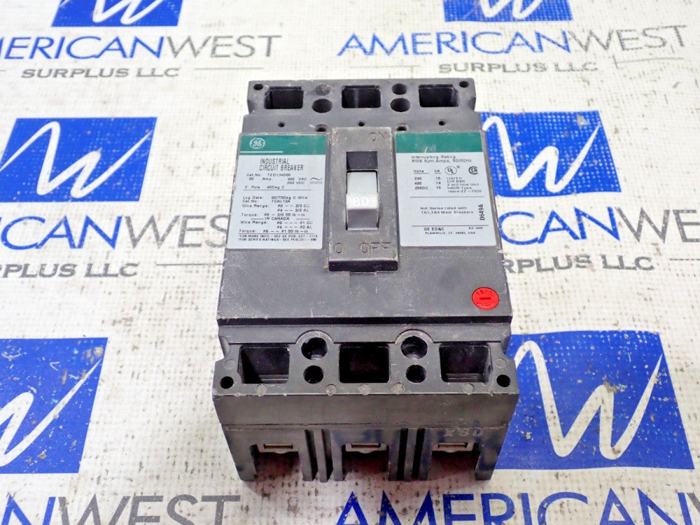 GE TED134080 3 Pole 80 Amp 480 Volt 14kA@480V Type TED Circuit Breaker - Tested