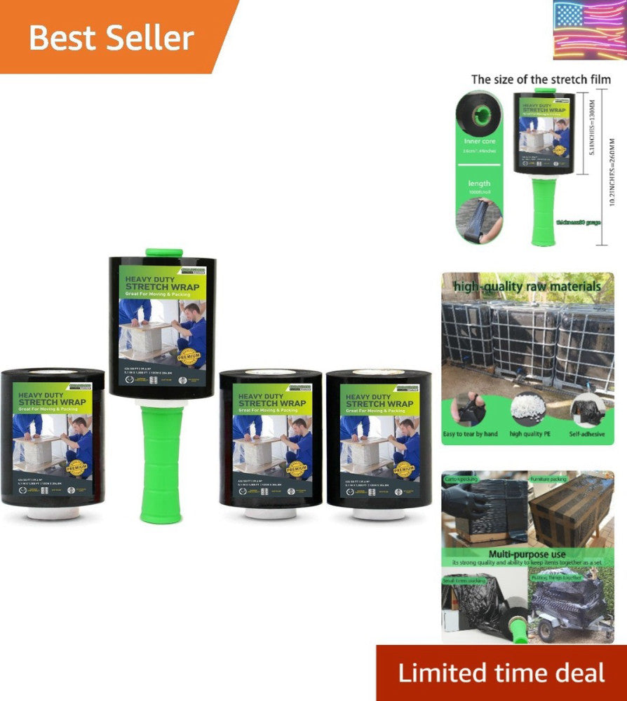 Durable Black Stretch Wrap Film with Handle - 5'' x 1000ft, Ideal for Shipping
