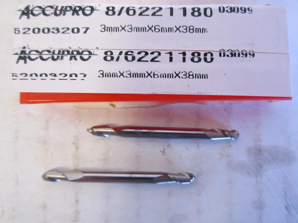 3 x 3 x 6 x 38mm Solid Carbide 2-Flute Double Ball Endmills New - Lot of 2