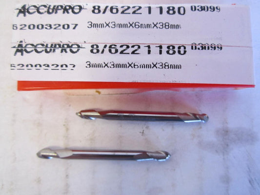 3 x 3 x 6 x 38mm Solid Carbide 2-Flute Double Ball Endmills New - Lot of 2