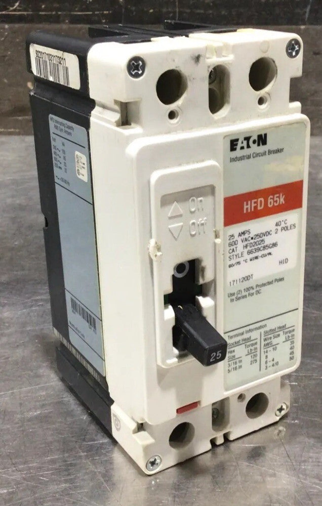 EATON HFD2025 65k, 25 AMP, 2 Poles, 600 VAC, Circuit Breaker NOS Surplus NNB