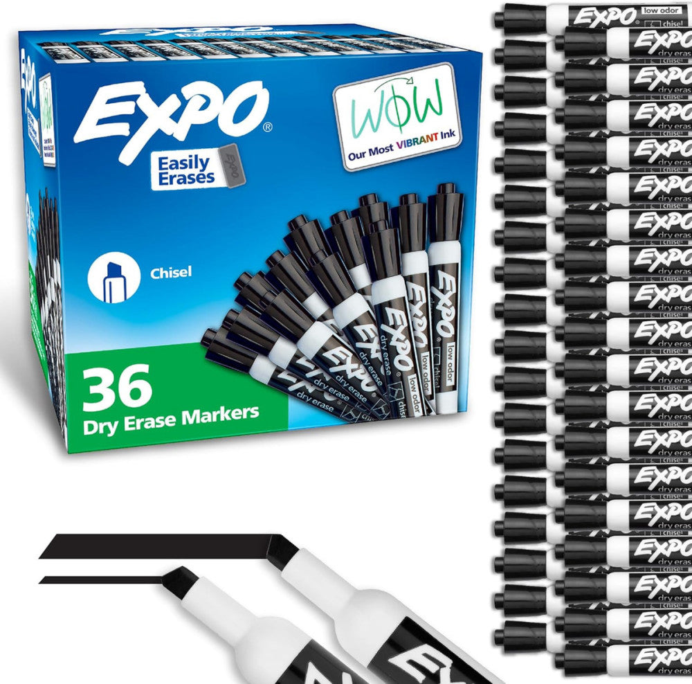 Dry Erase Markers Chisel Tip Black Low-Odor Perfect for Whiteboards Non-Porous S