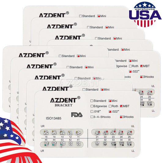 10 X AZDENT Dental Orthodontic Metal Brackets Brace Mini MBT Slot.022 Hooks 3 US