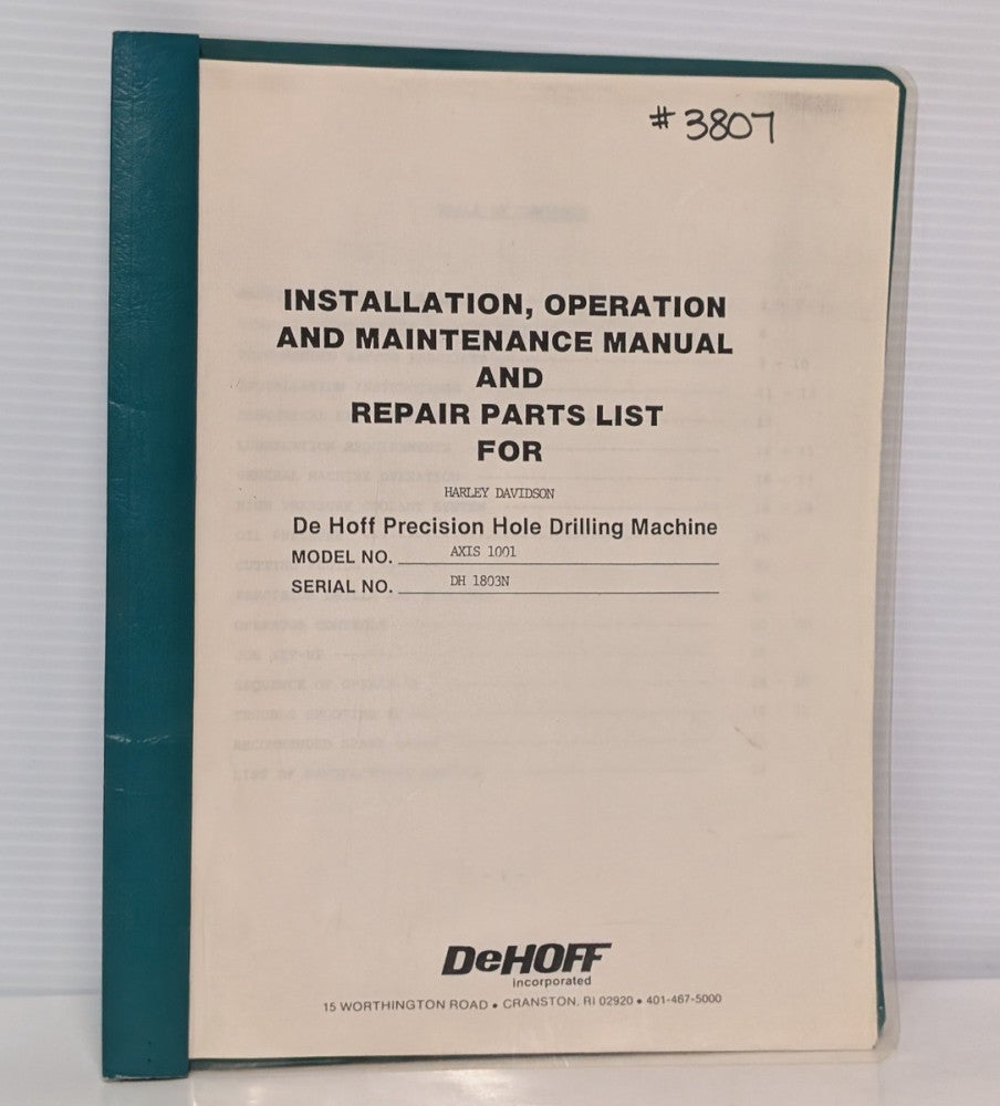 DeHoff AXIS-1001 Precision Hole Drilling Machine Operator's Manual, Parts List