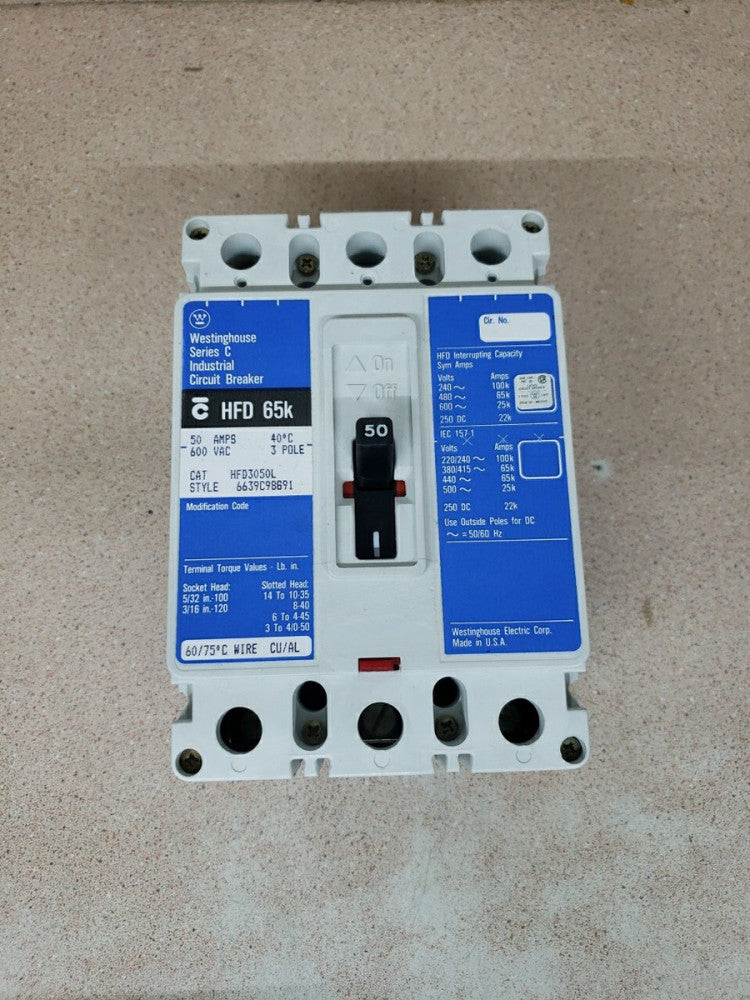 NEW TAKE OUT Westinghouse HFD3050L Circuit Breaker 50 A, 600 Volt, 3 P 65k