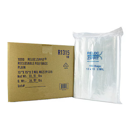 Reloc Zippit R1315 Reclosable Bag, Zip Seal, 15 In L, 13 In W, 2 Mil Thick,