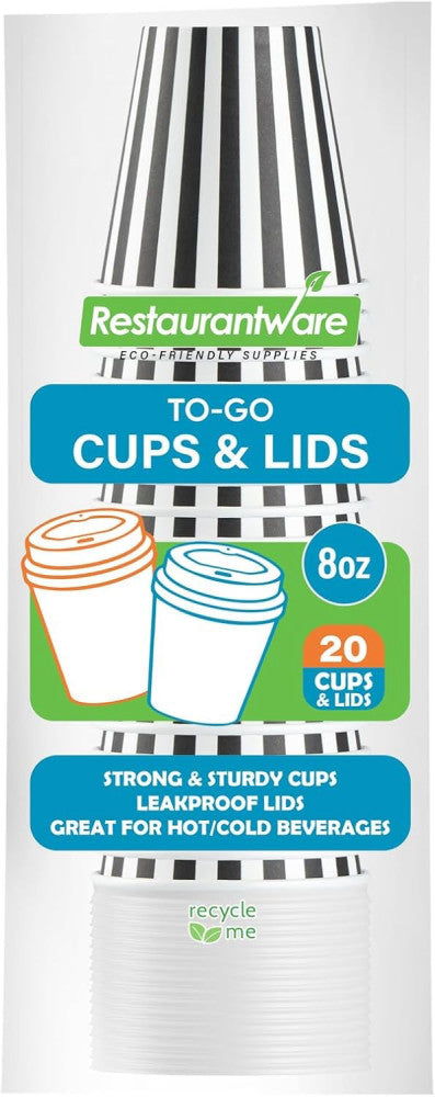 20 Hot Cups With Lids - Sleeves Sold Separately, Single Wall, Black And White