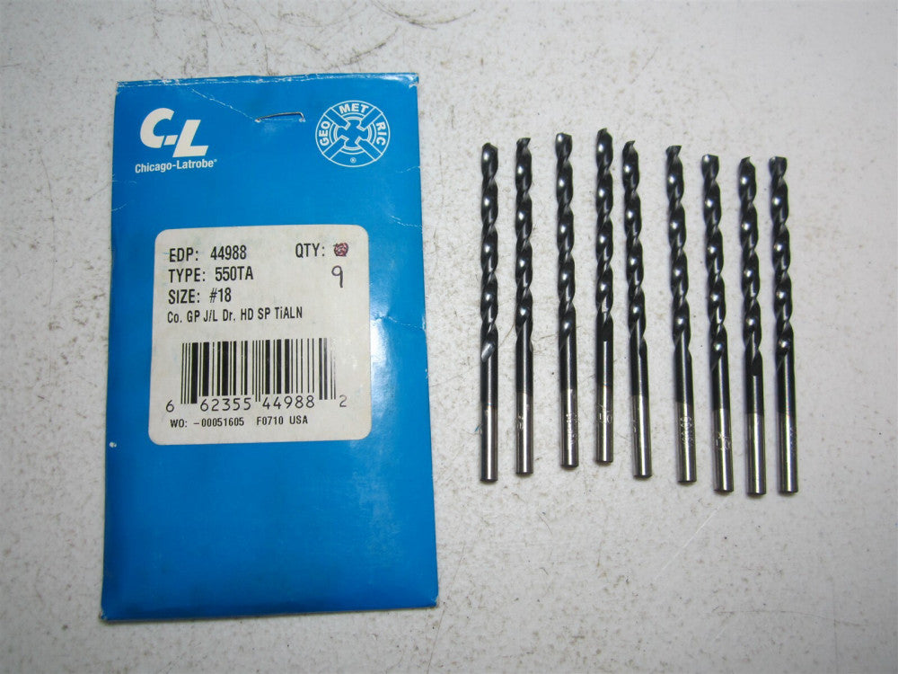 Chicago - Latrobe (44988) #18 135° RH 3-1/4" OAL Cobalt Jobber Drill - Qty 9