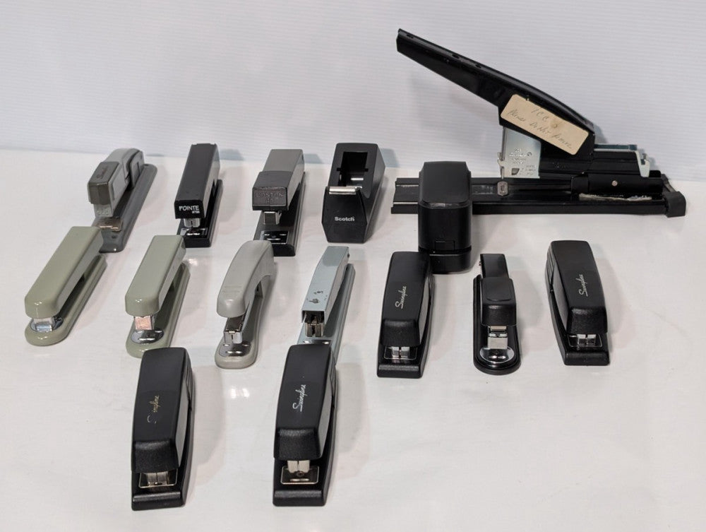 Lot of 14 Commercial Grade Office Staplers + 1 Tape Dispenser - As Pictured