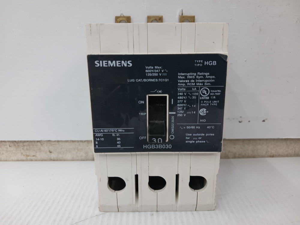 Siemens 30 Amp Bolt-On Circuit Breaker 3 Pole 600Y/347 VAC 35kA HGB3B030